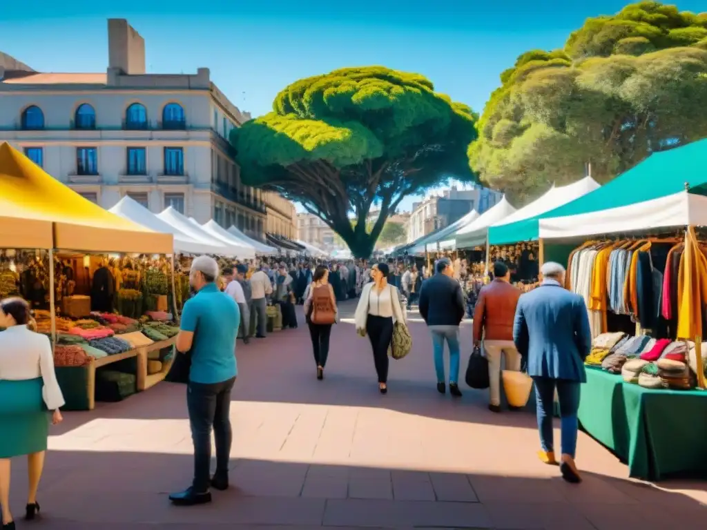 Un mercado vibrante en Montevideo con moda sostenible, artesanos apasionados y arte callejero colorido