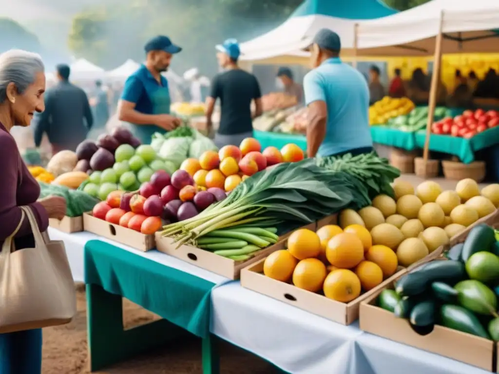 Un mercado vibrante y moderno en Uruguay, con productos frescos y coloridos