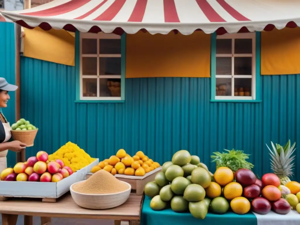 Un mercado vibrante de Montevideo con mujeres uruguayas seleccionando ingredientes para recetas helados saludables en un día soleado y colorido