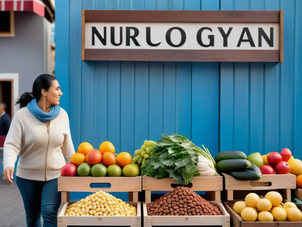 Un mercado vibrante en Montevideo con personas disfrutando de alimentos frescos y coloridos