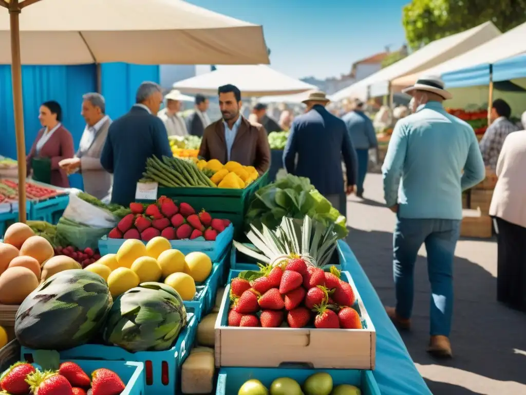 Mercado agrícola vibrante en Uruguay en primavera con frutas y vegetales frescos, reflejando la dieta uruguaya en las estaciones