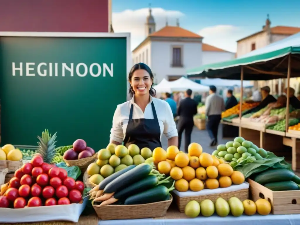 Un mercado vibrante en Uruguay con productos frescos y coloridos