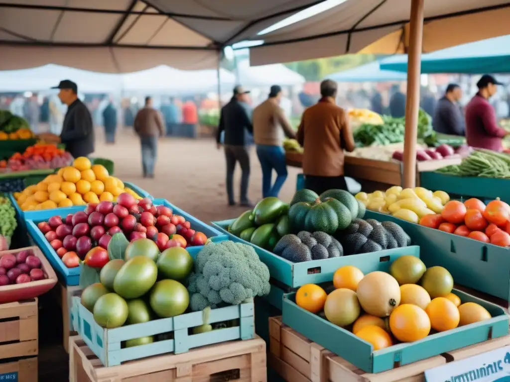 Un mercado vibrante en Uruguay con productos frescos y coloridos