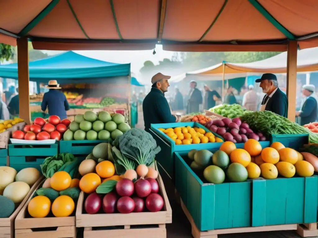 Un mercado vibrante en Uruguay, con productos frescos y coloridos en puestos de madera