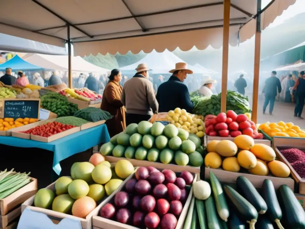 Un mercado vibrante en Uruguay con productos frescos y sin gluten en un ambiente inclusivo y comunitario