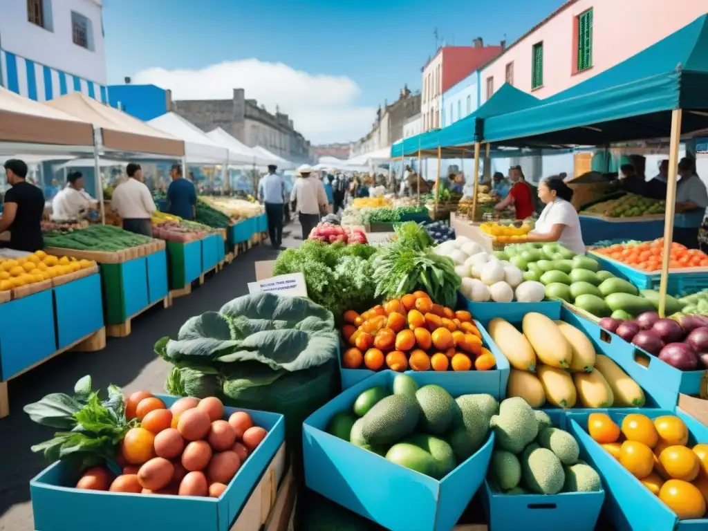 Un mercado agrícola vibrante en Uruguay, con productos frescos y coloridos