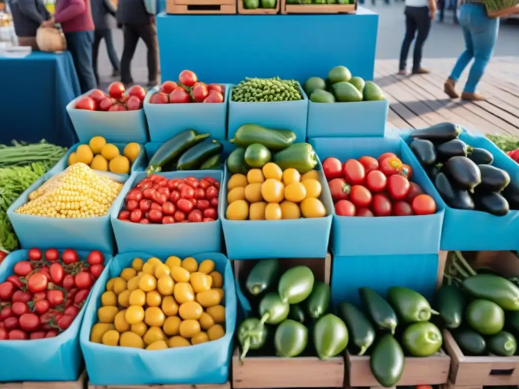 Mercado agrícola vibrante en Uruguay con productos frescos y coloridos, mostrando interacciones comunitarias