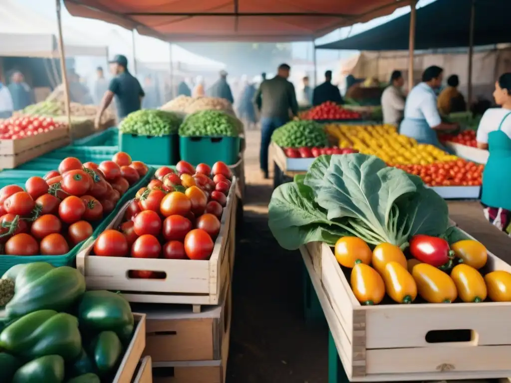 Un mercado vibrante en Uruguay con productos frescos y coloridos para recetas celiacas sabrosas