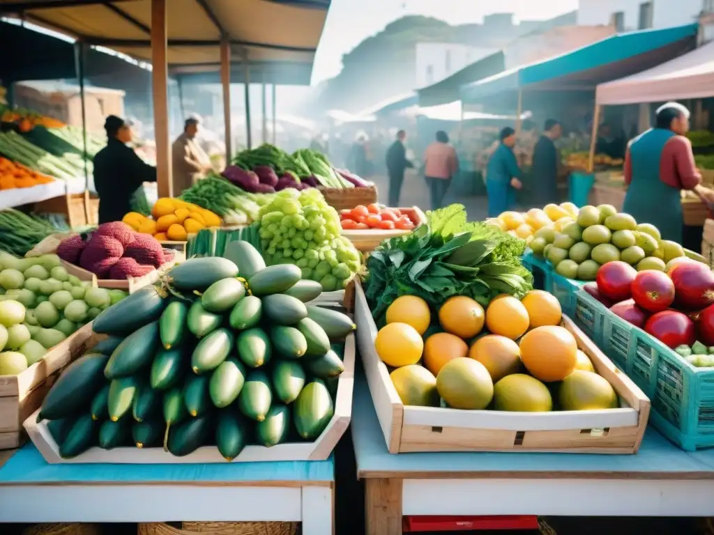 Un mercado vibrante en Uruguay con productos frescos que invitan a la desintoxicación natural con alimentos uruguayos