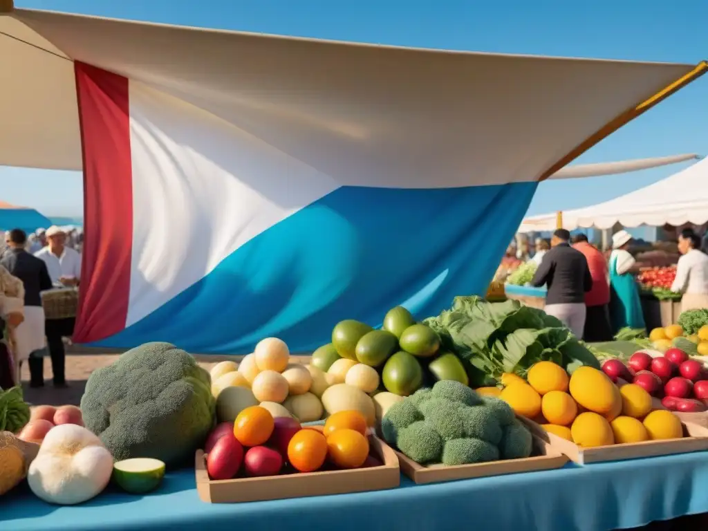 Un mercado vibrante en Uruguay, con productos frescos y coloridos bajo un cielo azul