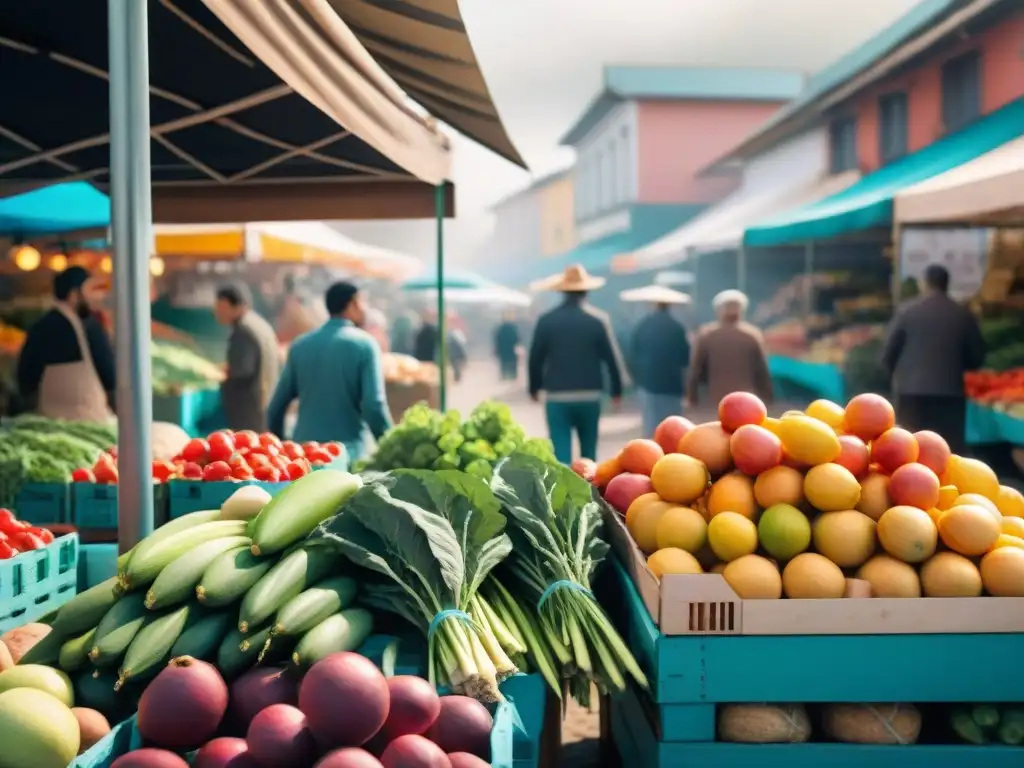 Un mercado vibrante en Uruguay con puestos coloridos de frutas y verduras frescas, reflejando la alimentación fresca local sostenible Uruguay