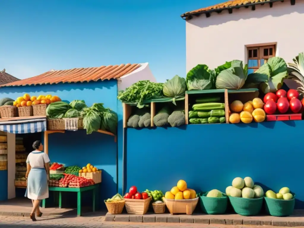 Un mercado vibrante en Uruguay, con puestos coloridos de frutas y verduras frescas