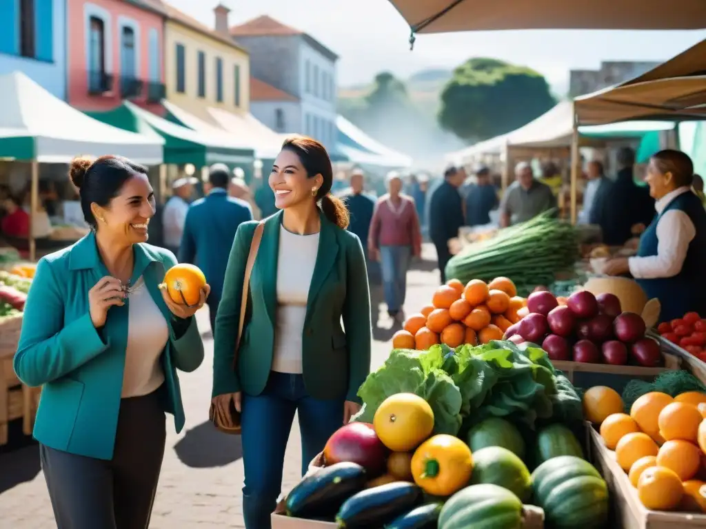 Un mercado vibrante en Uruguay con puestos coloridos de productos frescos y artesanías locales, vendedores sonrientes y una multitud diversa de clientes