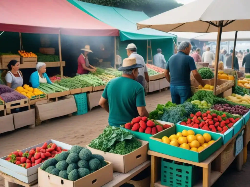 Un mercado vibrante en Uruguay rebosante de colores y actividad, reflejando la dieta y bienestar emocional en Uruguay