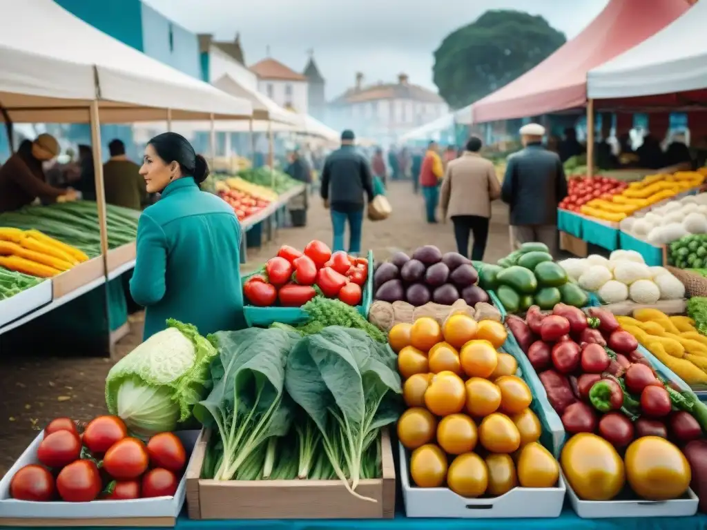 Un mercado vibrante en Uruguay, rebosante de verduras de temporada, con vendedores y arquitectura tradicional