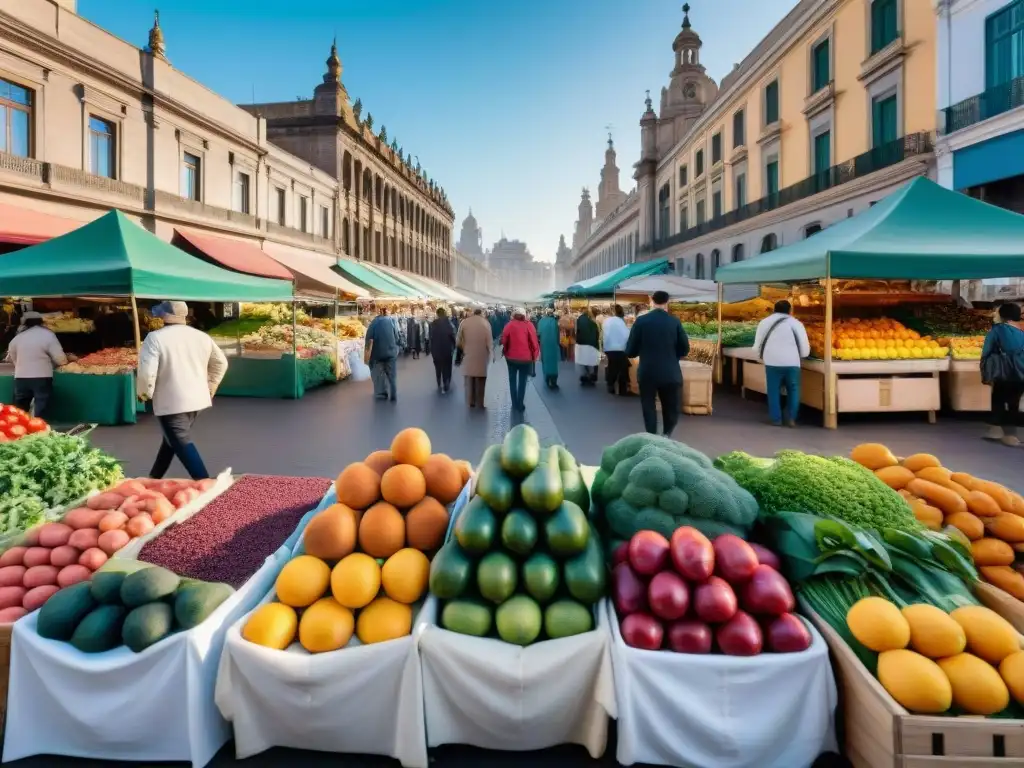 Un mercado vibrante en Montevideo, Uruguay, muestra una variedad de frutas y verduras locales