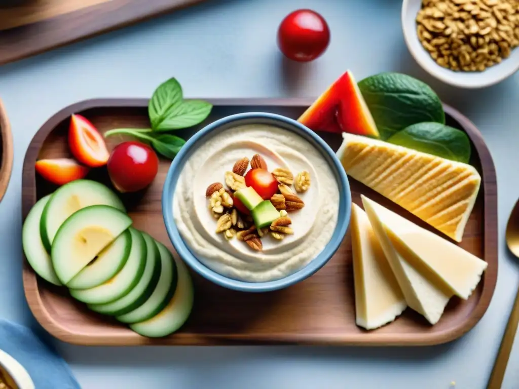 Meriendas saludables para niños en Uruguay: Colorida variedad de snacks saludables como frutas frescas, sándwiches de grano entero, yogur con granola y palitos de verduras con hummus, presentados de manera atractiva en una bandeja de madera