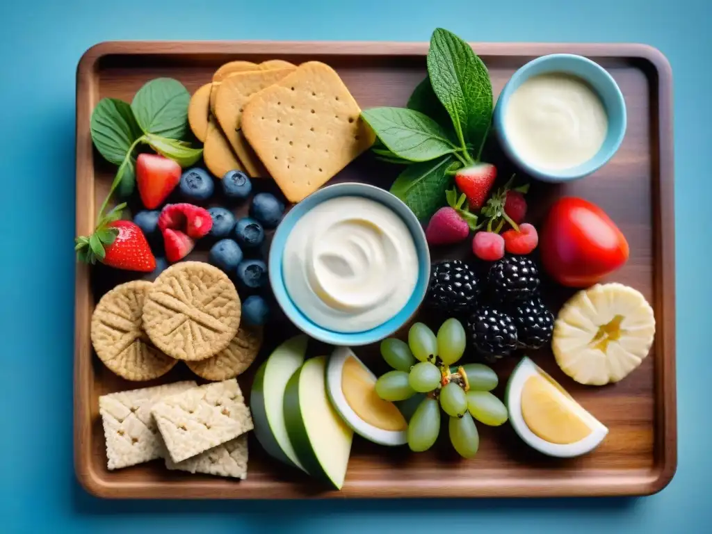 Meriendas saludables para niños en Uruguay: Una variedad colorida de snacks frescos y nutritivos en una tabla de madera