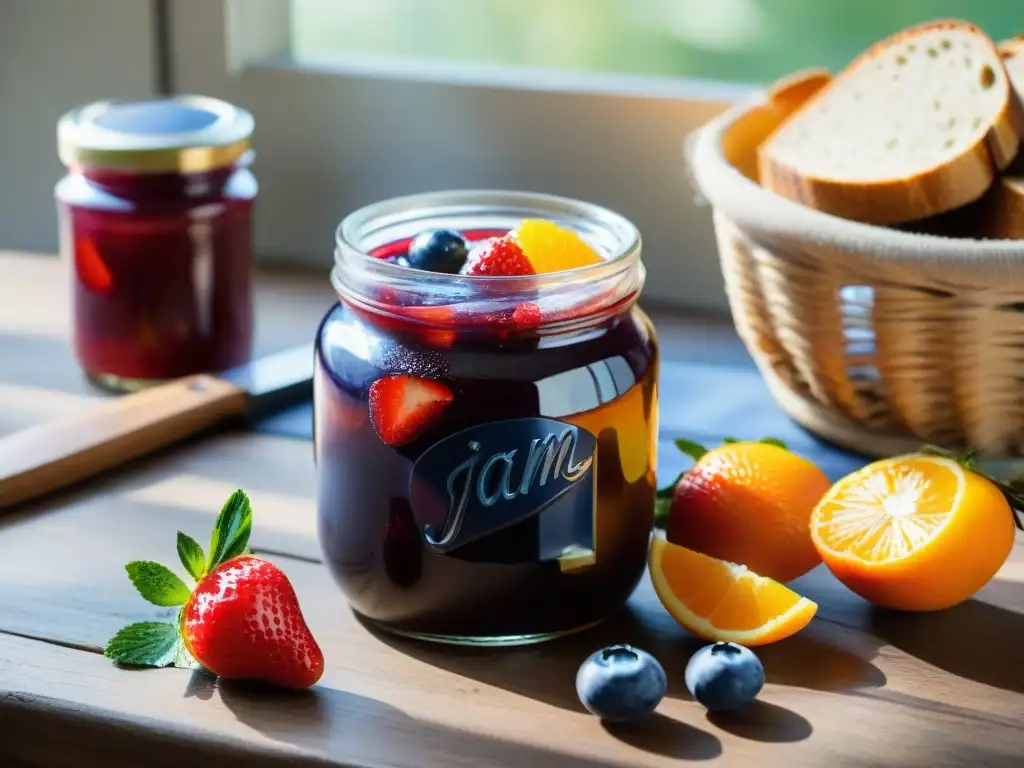 Mermeladas caseras bajas azúcar Uruguay: tarro de cristal con colorida mermelada rodeado de frutas frescas y pan integral en mesa rústica