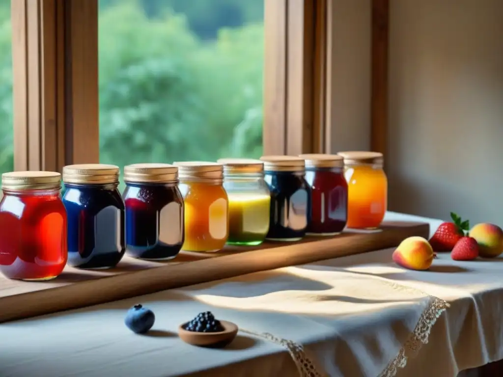 Mermeladas caseras bajas azúcar Uruguay: Mesa rústica con tarros de mermelada de fresa, durazno y arándano, bañados por luz matutina