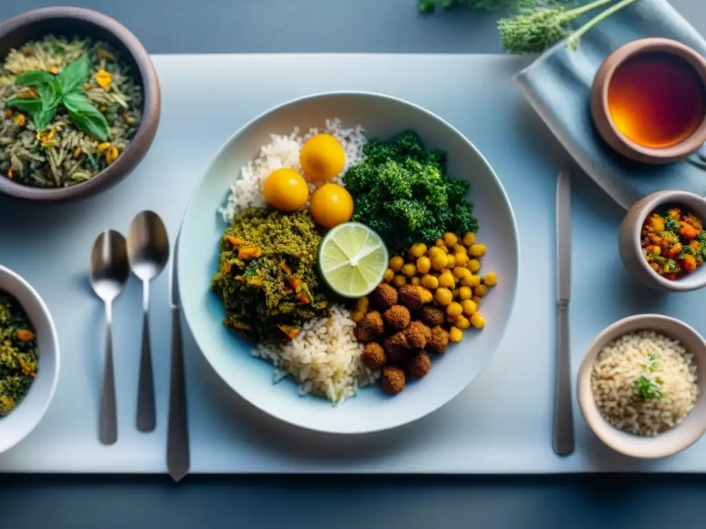 Una mesa armoniosa con coloridos platos Ayurveda en Uruguay, transmitiendo bienestar