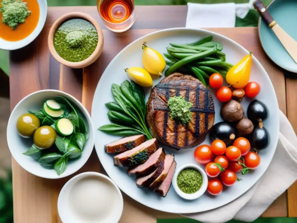 Una mesa de asado uruguayo saludable, con carnes magras, ensaladas coloridas y vegetales a la parrilla, resalta la convivialidad y la riqueza cultural