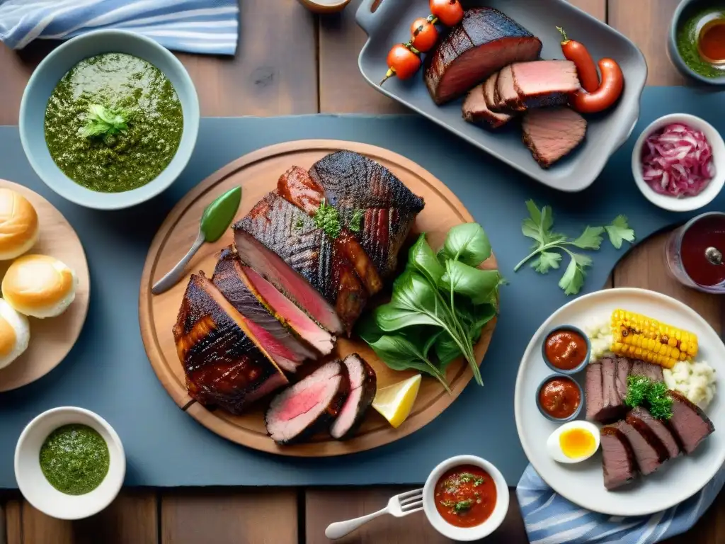 Delicioso asado uruguayo: tradición y alegría en la mesa Una mesa de asado uruguayo con sizzling meats, chimichurri y vino Tannat, reflejando el bienestar emocional a través de la comida