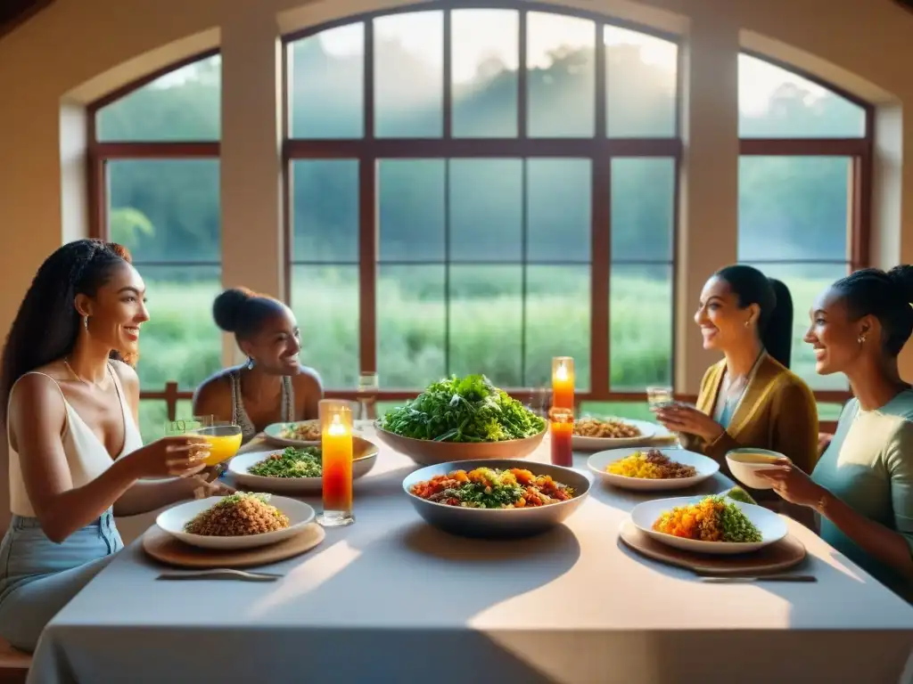 Comida vegetariana: diversidad y armonía en la mesa Una mesa colorida con personas disfrutando de una comida vegetal