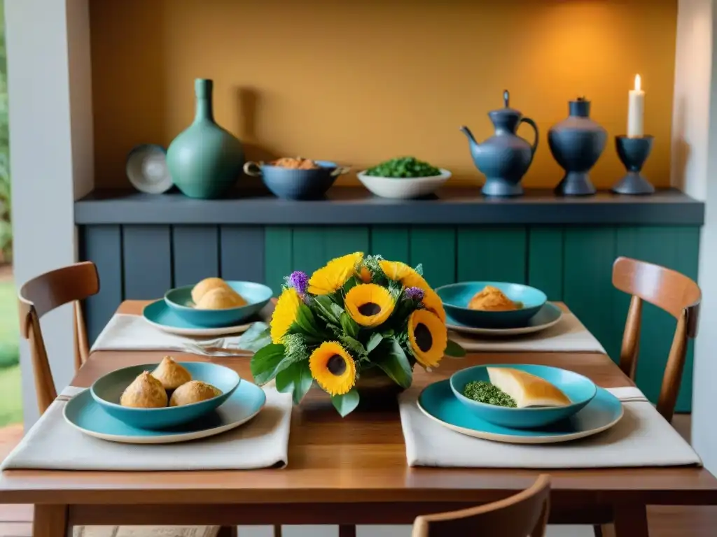 Una mesa de comidas familiares en Uruguay con asado, empanadas y ensalada rusa, decorada con flores y vino Tannat, iluminada por velas