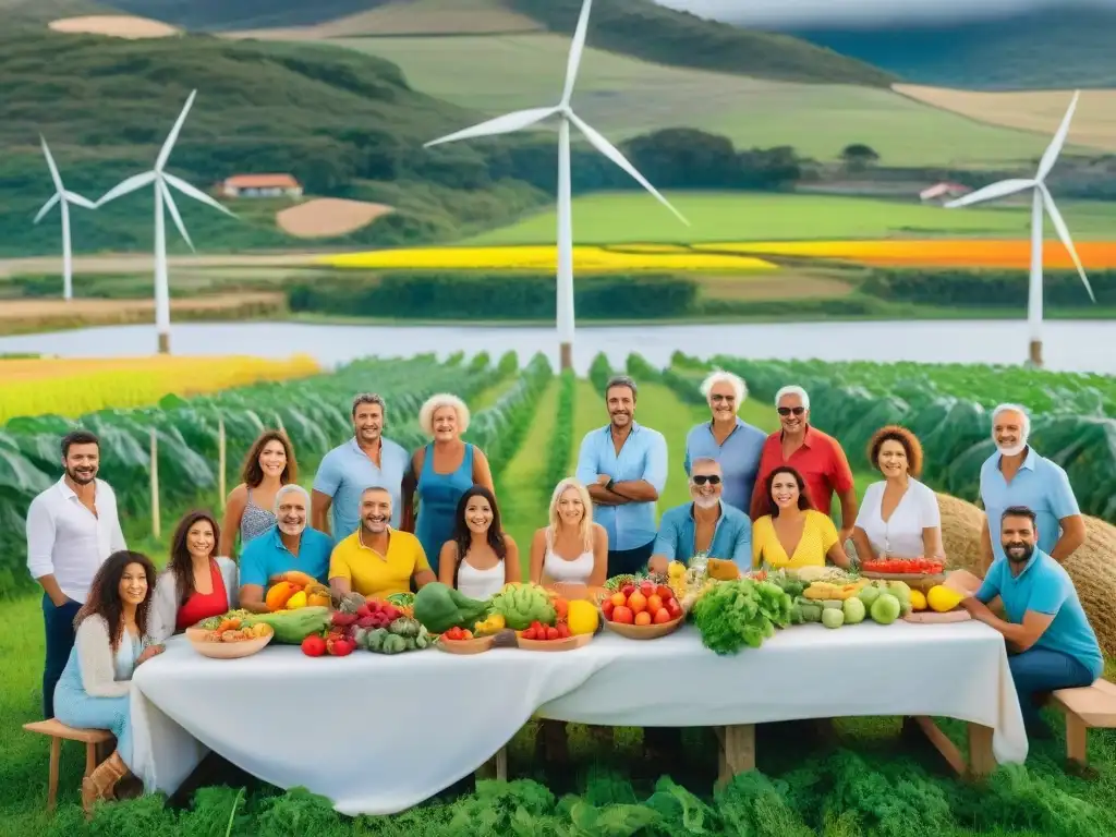 Una mesa comunitaria en Uruguay repleta de alimentos frescos y coloridos, rodeada de diversidad y sostenibilidad