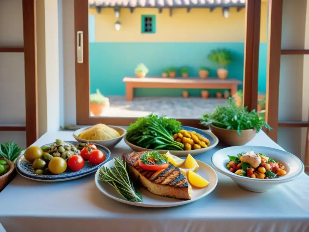 Una mesa bellamente decorada con platos mediterráneos coloridos y frescos, típicos de Uruguay