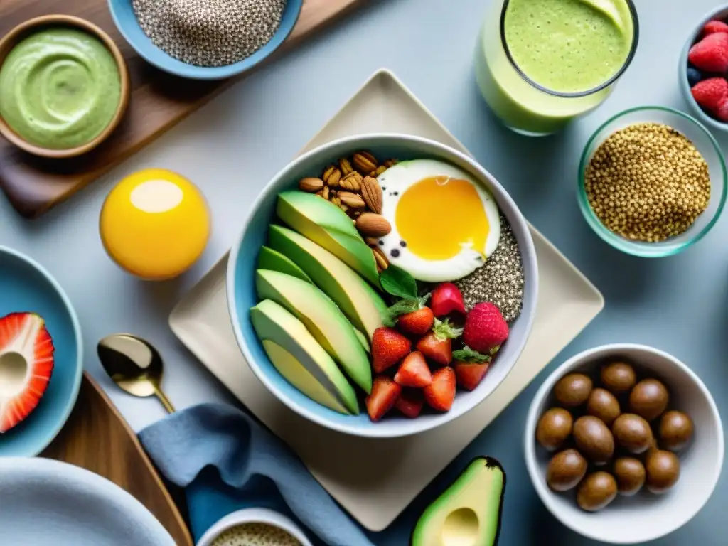 Una mesa de desayuno sin lácteos saludables en Uruguay, con chía pudding, tostadas de aguacate, smoothie bowls y lattes de leche de almendra