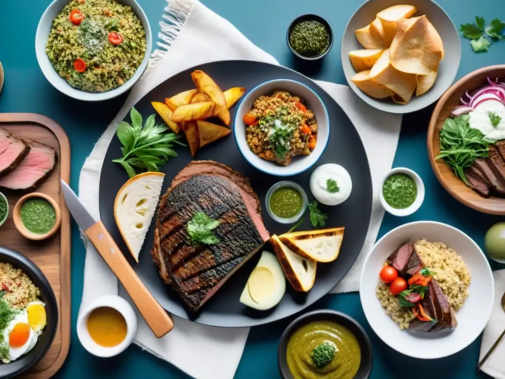 Una mesa exquisita con la dieta uruguaya para rendimiento físico en vibrantes colores y sabores, resaltada por la costa uruguaya de fondo