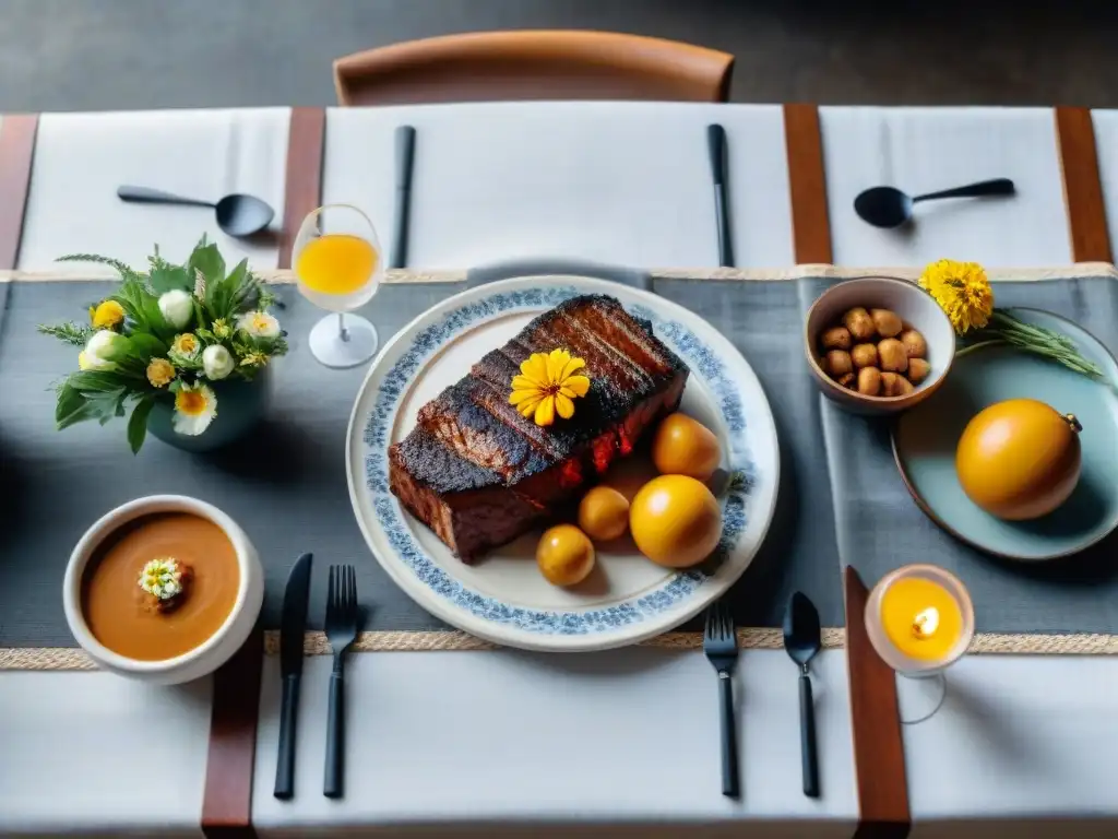 Una mesa familiar en Uruguay con asado, chivito y dulce de leche, rodeada de risas y amor