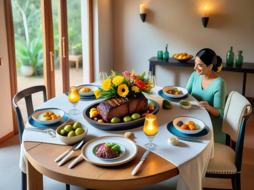 Una mesa familiar en Uruguay llena de coloridos platos tradicionales