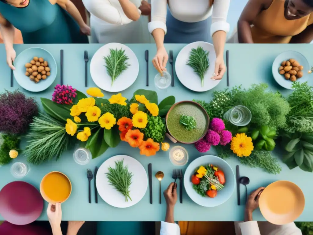 Una mesa festiva con platos libres de alérgenos en Uruguay, rodeada de personas sonrientes y conversadoras