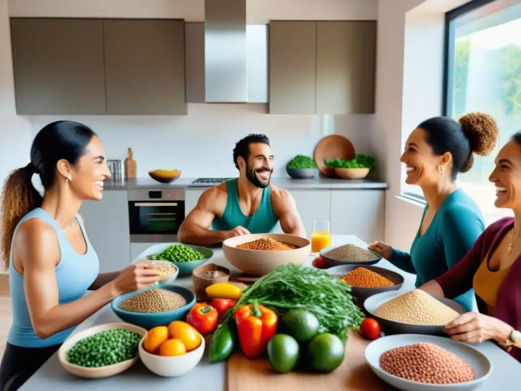 Una mesa llena de alimentos nutritivos y coloridos rodeada de uruguayos sonrientes, reflejando los beneficios de las proteínas vegetales en Uruguay