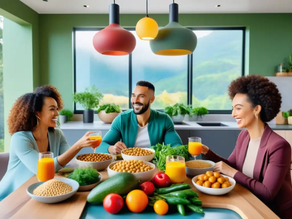 Compartiendo alegría: Diversidad y nutrición vegana en cocina moderna Una mesa llena de alimentos vegetales frescos y coloridos, rodeada de personas de diferentes edades y orígenes riendo y disfrutando juntas