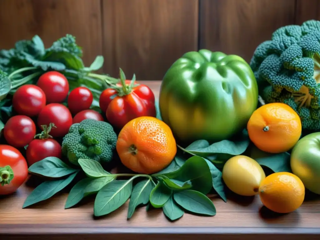 Una mesa de madera con frutas y verduras coloridas, resaltando frescura y nutrición para piel salud en Uruguay