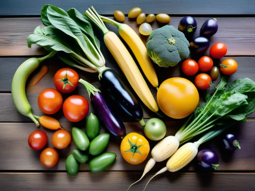 Una mesa de madera con frutas y verduras frescas en Uruguay, destaca la diversidad y beneficios de la alimentación basada en plantas