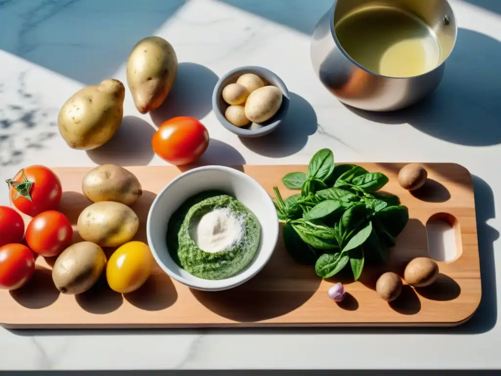 Una mesa de madera con ingredientes coloridos para hacer ñoquis uruguayos saludables, en una cocina moderna