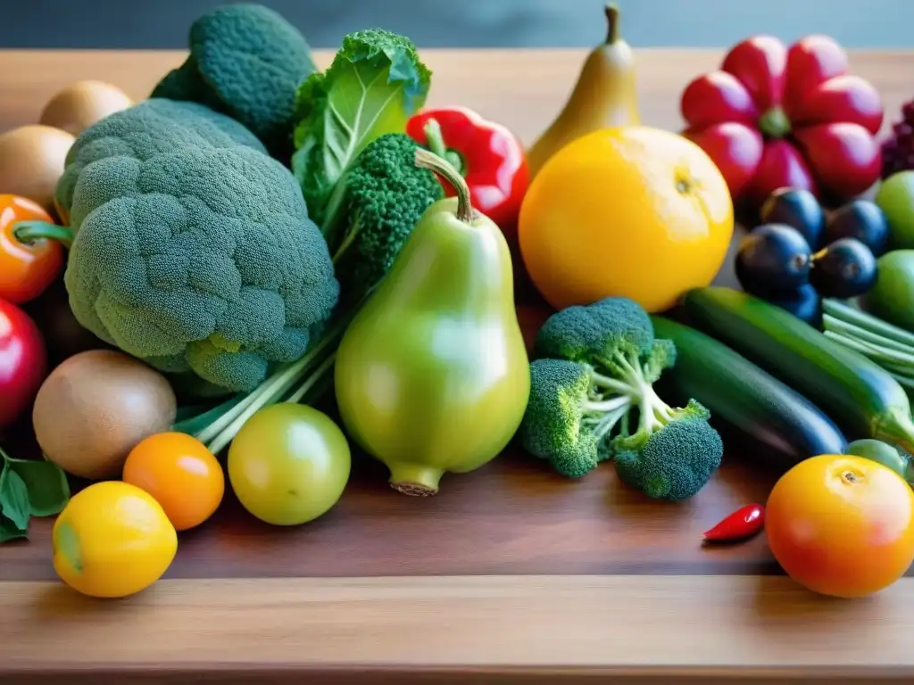 Una mesa de madera con una variedad de frutas y verduras frescas y coloridas, iluminadas suavemente