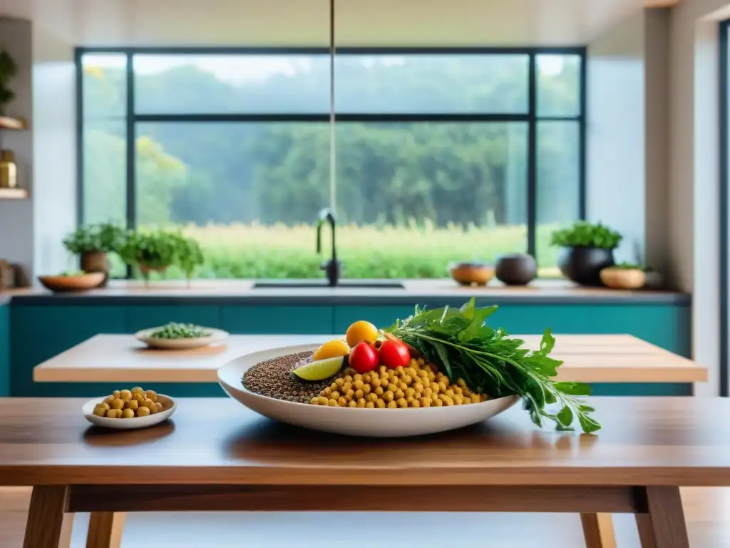 Una mesa en Uruguay con platos tradicionales y proteínas vegetales, mostrando los beneficios de la dieta en Uruguay