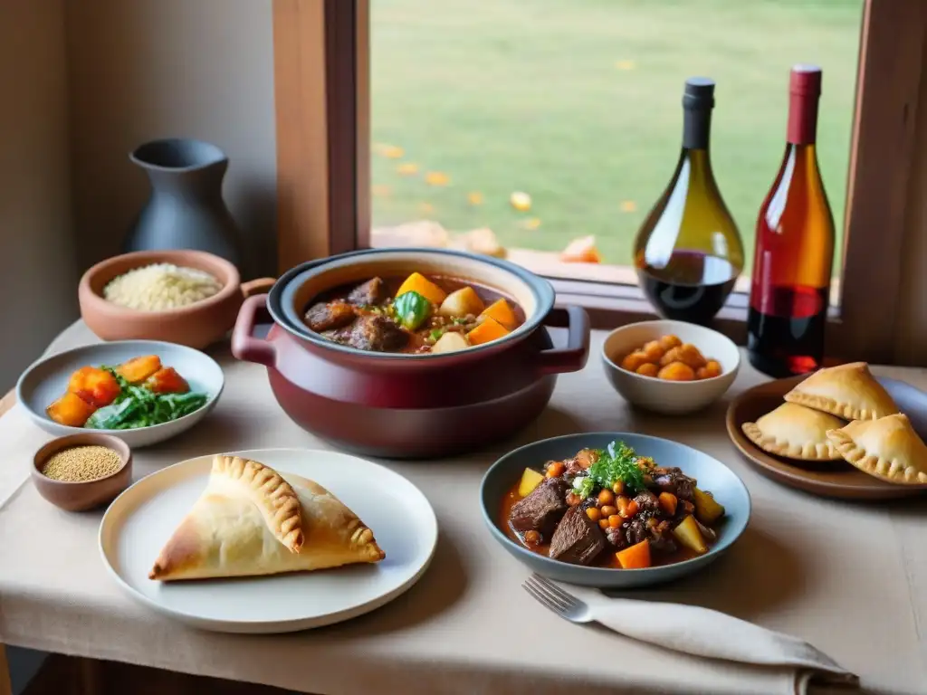 Una mesa rústica con delicias de la dieta uruguaya en las estaciones, bañada en luz natural