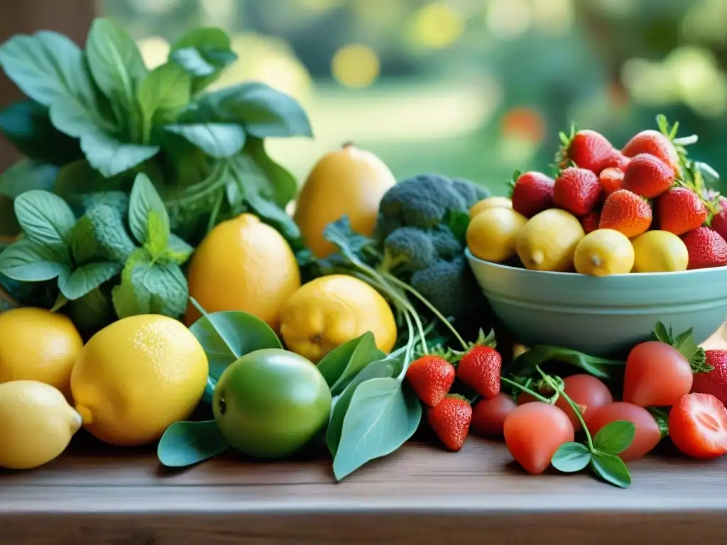 Una mesa rústica con frutas y verduras frescas de verano en Uruguay, bañadas por la cálida luz del sol