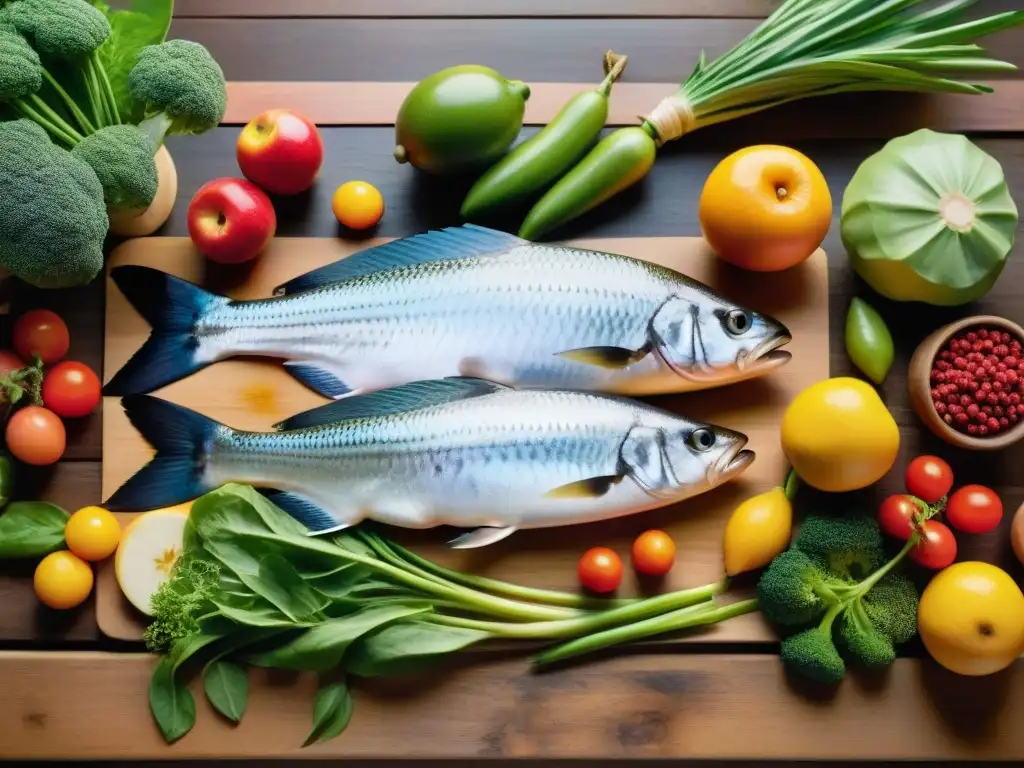 Una mesa rústica repleta de pescados frescos, frutas y verduras vibrantes, bañados por la luz solar