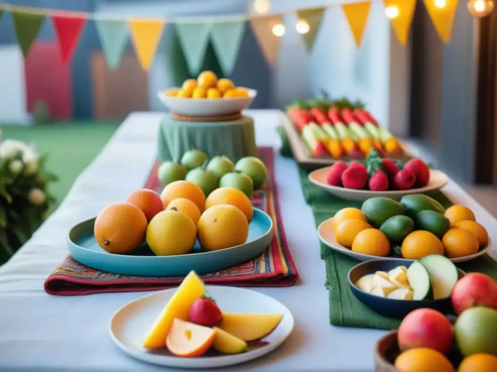 Mesa vibrante de frutas y vegetales en fiesta saludable en Uruguay con decoración festiva y invitados felices ideas fiestas saludables Uruguay