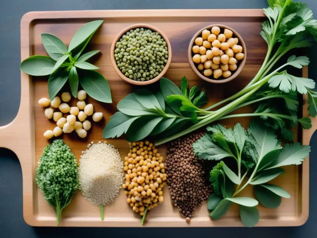 Una mezcla colorida de proteínas vegetales uruguayas en un tablero de madera, resaltando sus beneficios y diversidad