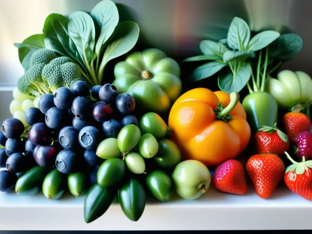 Una mezcla vibrante de frutas y verduras frescas en una cocina moderna, evocando vitalidad y bienestar