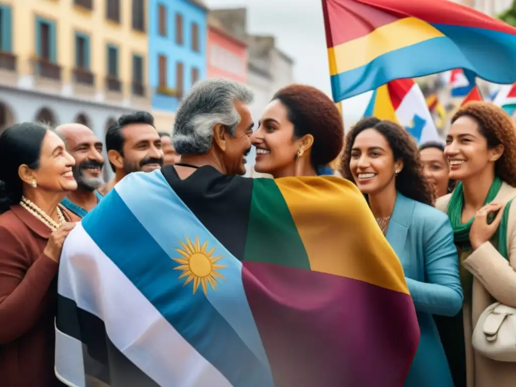 Inclusión social: migrantes de diversas culturas se unen en plaza de Uruguay, ondeando banderas coloridas